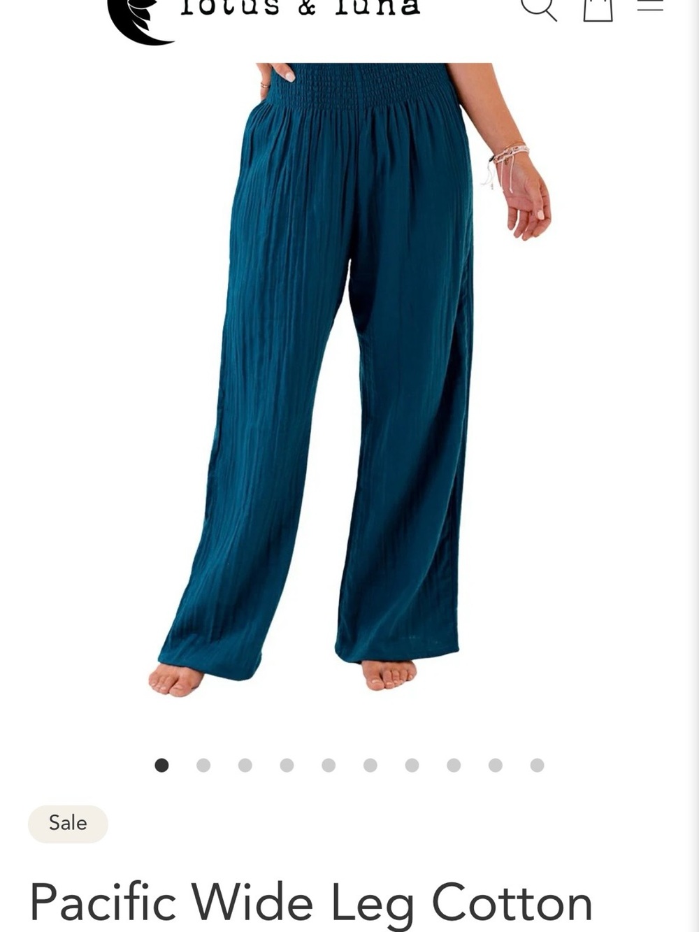 Lotus & Luna | Smocked-Waist Wide Leg Cotton Pants, Deep Teal - Picture 2 of 10